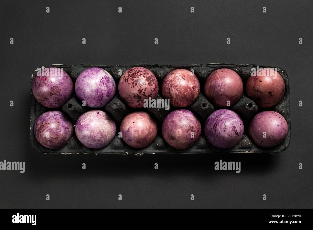 Easter painted eggs in egg tray ready for Easter celebration. Easter layout. Stock Photo