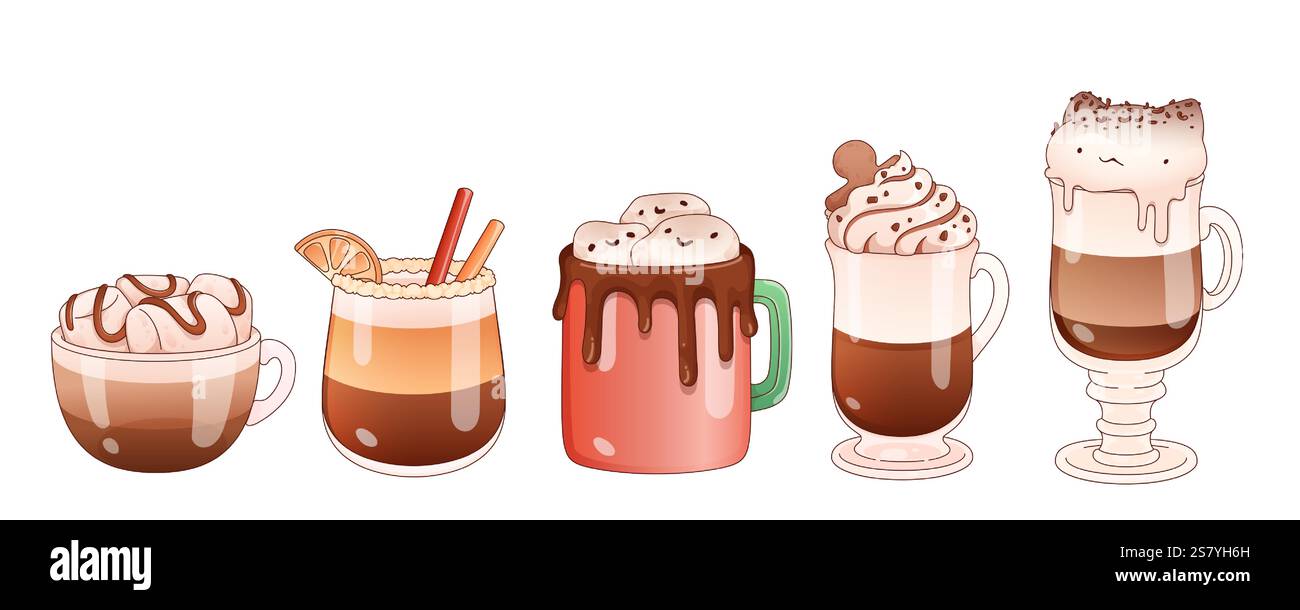 Hot chocolate and coffee beverages in various serving styles - round cup with drizzled whipped cream, citrus garnished glass, ceramic mug with chocolate drip, tall glasses with marshmallow toppings. Stock Vector