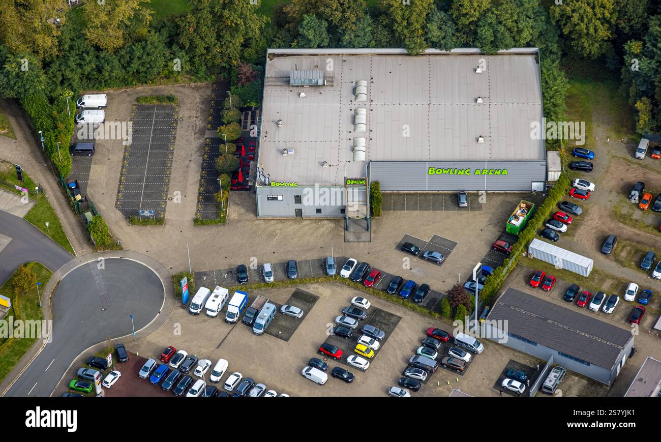 Aerial view, bowling arena, leisure hall, Rheinkamp-Utfort, Moers, Ruhr area, North Rhine-Westphalia, Germany Stock Photo