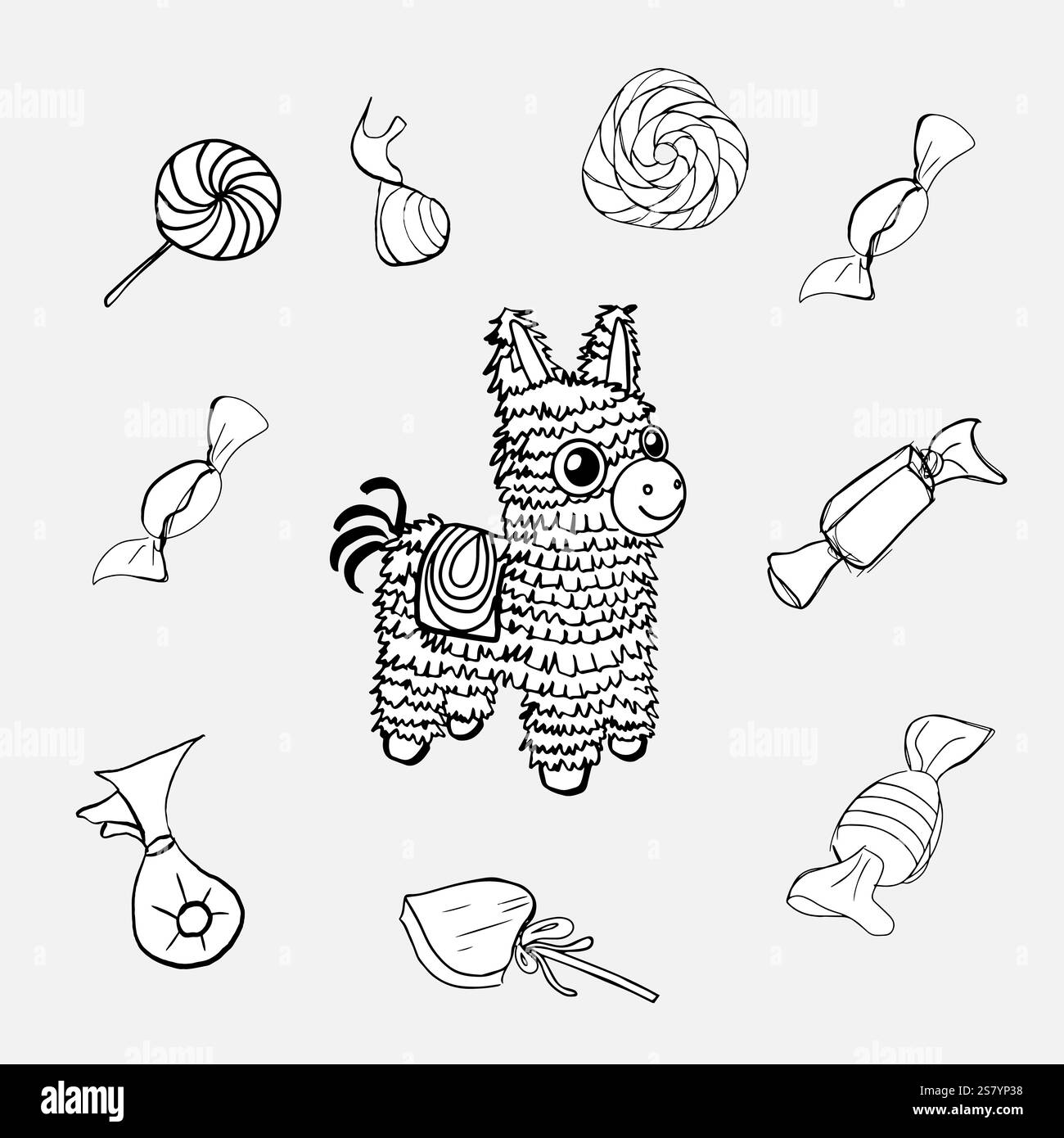 Holiday set pinata and a lot of candy around vector illustration for