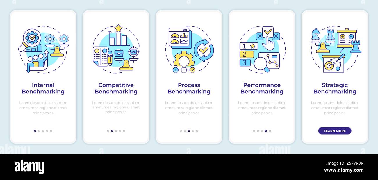 Types of benchmarking onboarding mobile app screen Stock Vector