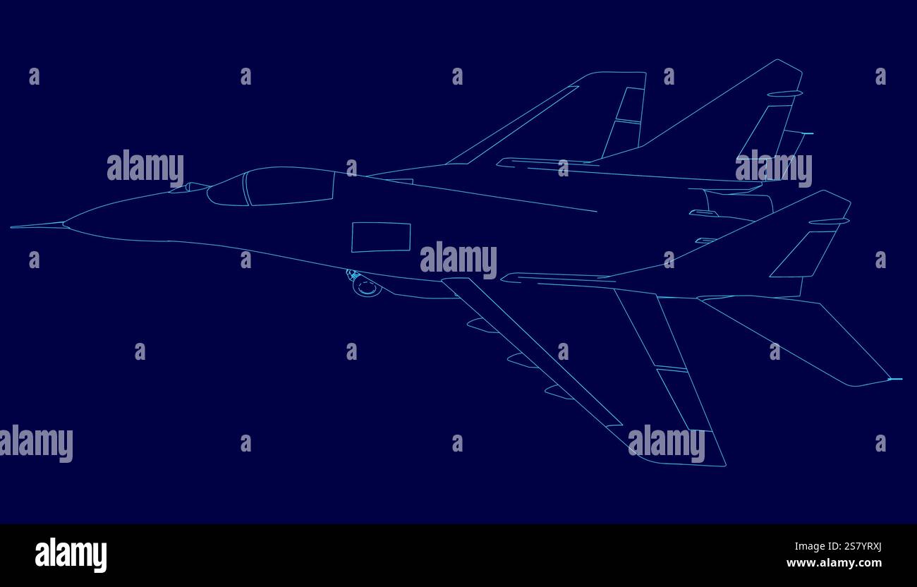Blue airplane is shown in a blue background. The airplane is a fighter ...