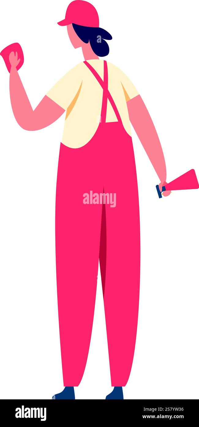 Cleaning lady dressed in vibrant red overalls, holding a rag and spray bottle, preparing to begin cleaning, viewed from behind against a crisp white background Stock Vector