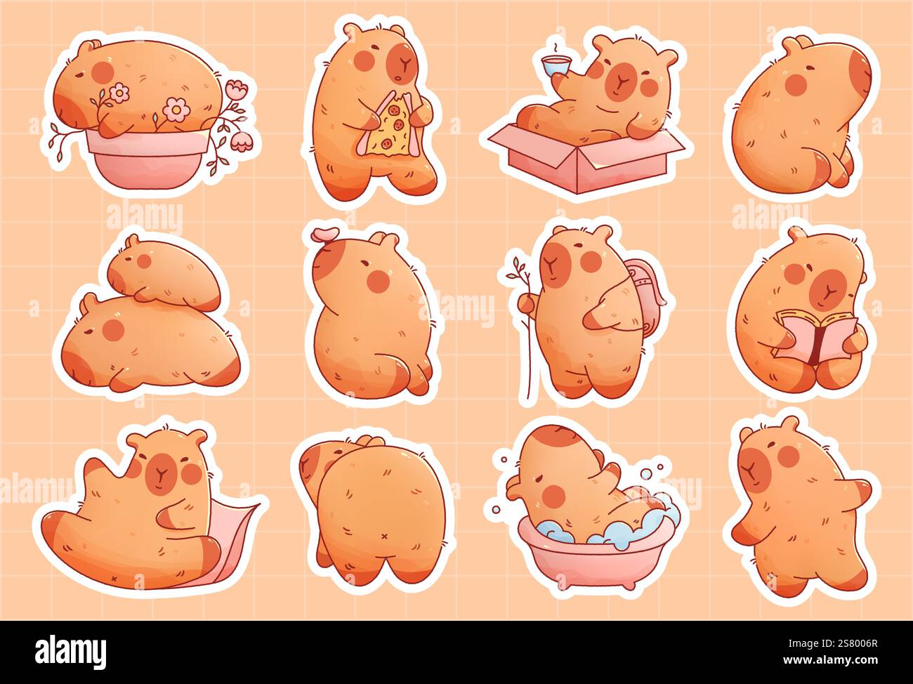 Childish plushy capybaras set. 12 cute animals with book pizza pillow bed bath backpack. Stock Vector
