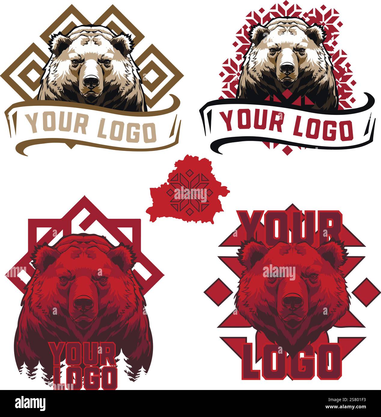 Logos with a bear s head and patterns in the Slavic style. Stock Vector