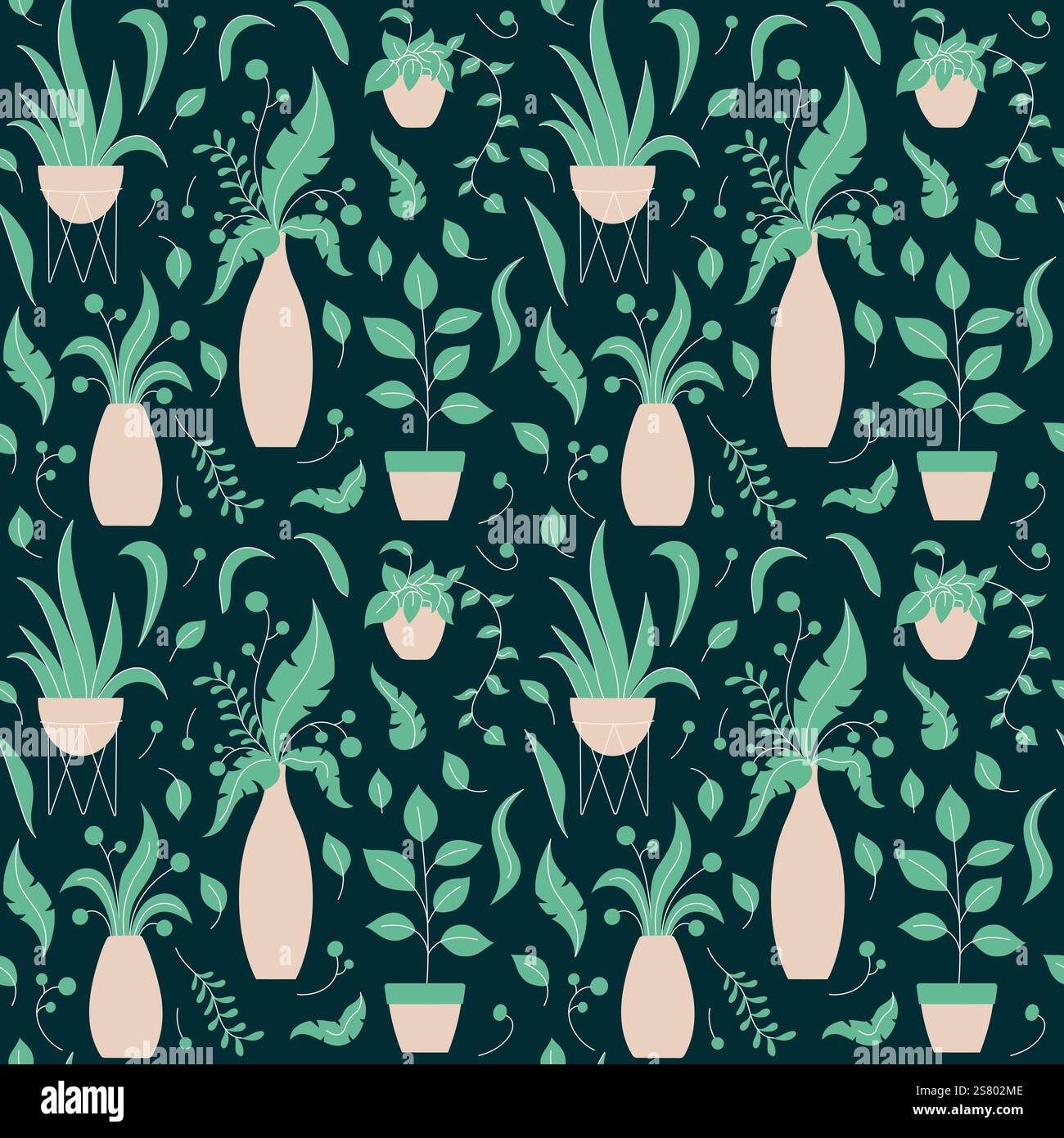A seamless vector pattern featuring various potted plants and vases. Stock Vector