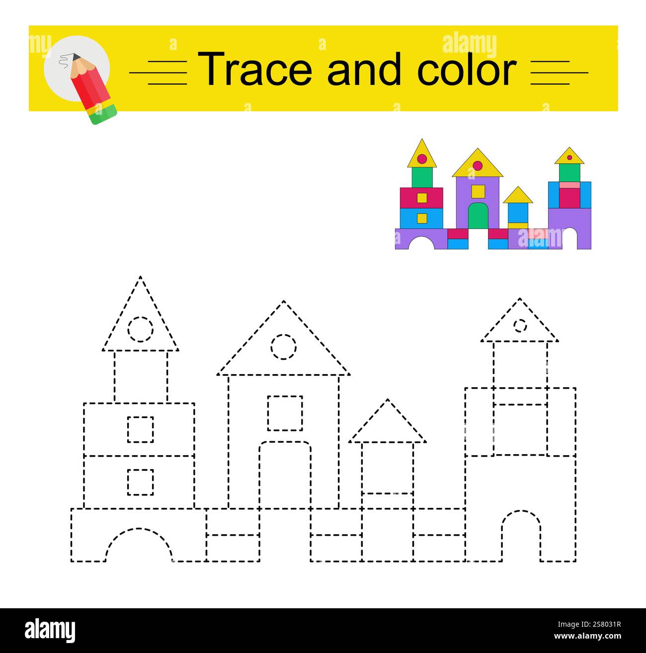 Trace and color for children. Preschool worksheet for practicing fine