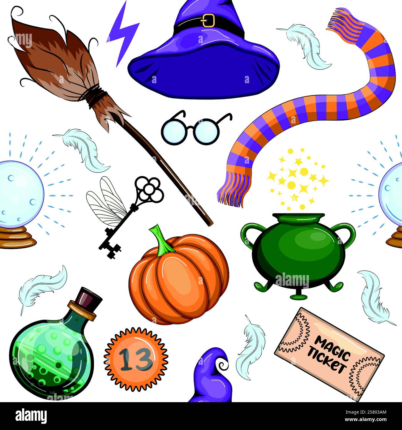 Magic items seamless pattern in cartoon bright style. Witchcraft and sorcery, Esotericism and mysticism, occultism Stock Vector