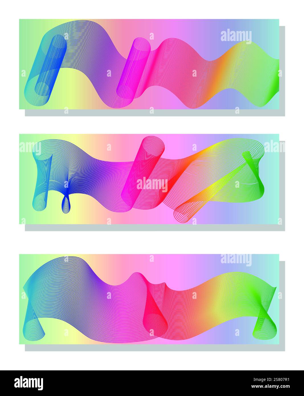 Abstract rainbow lines background, horizontal banner set. Stock Vector