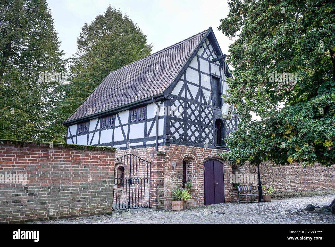 Scheune und Begegnungsort Die Kluhs, Lindenbaum, Kirchhof, An der Marienkirche, Altstadt, Salzwedel, Sachsen-Anhalt, Deutschland Stock Photo