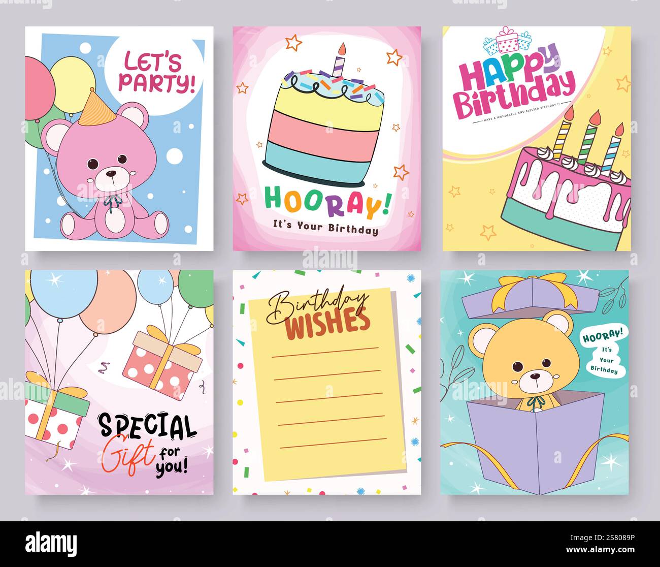 Happy birthday greeting card clipart poster set. Set of birthday cards with message, wishes, surprise and party elements in colorful abstract Stock Vector