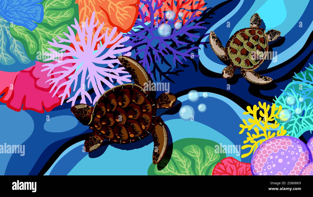 Sea turtles swimming among colorful coral reefs Stock Vector Image ...