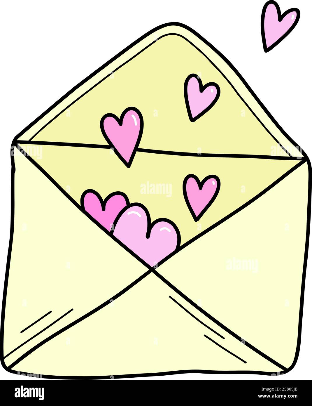 Single happy Valentines day envelope with pink hearts flying . Hand ...