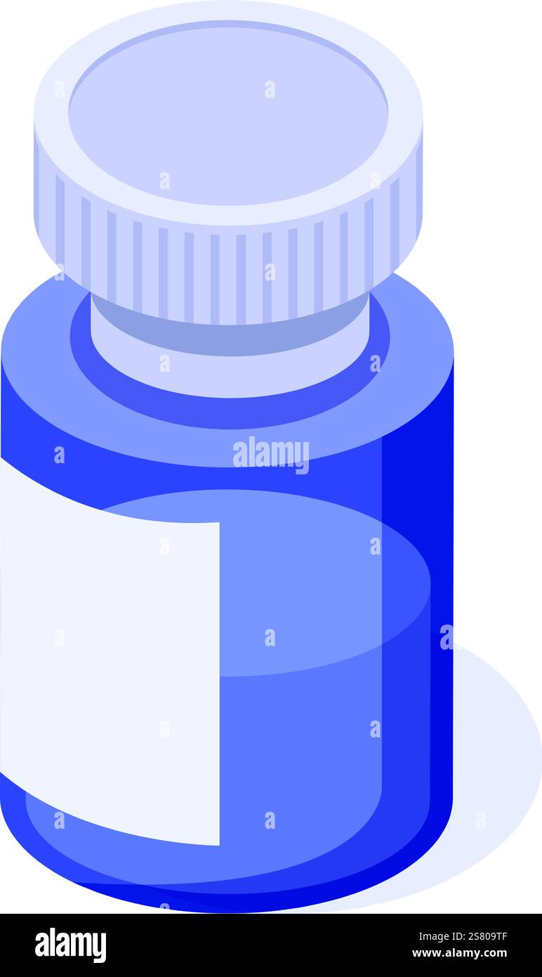 Isometric view of a blue plastic medicine bottle with blank white label and white screw cap, ideal for pharmaceutical or healthcare concepts Stock Vector
