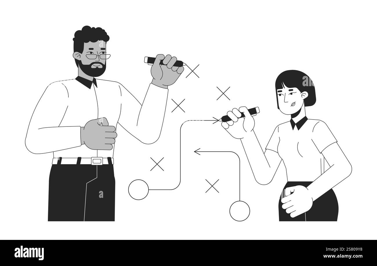 Collaborative problem solving at work black and white 2D illustration concept Stock Vector