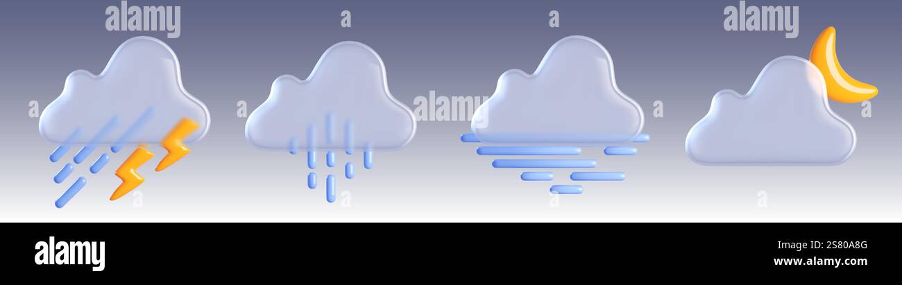 3d weather icon with cloud, rain and sun vector. Rainy and lightning forecast element set for app or widget interface. Meteorology concept for precipitation per day. Glass graphic with blue and yellow Stock Vector