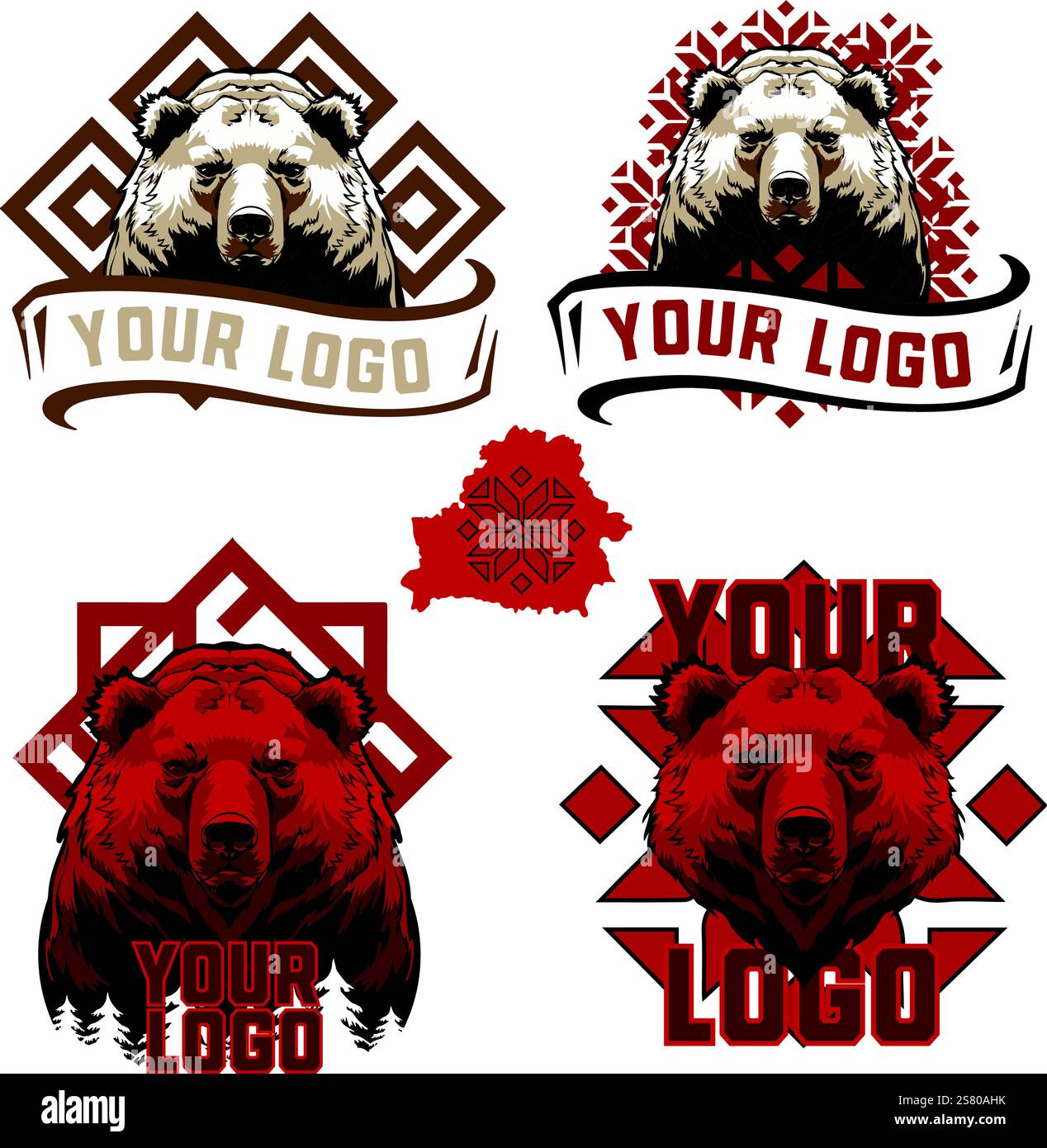 Logos with a bear s head and patterns in the Slavic style. Stock Vector