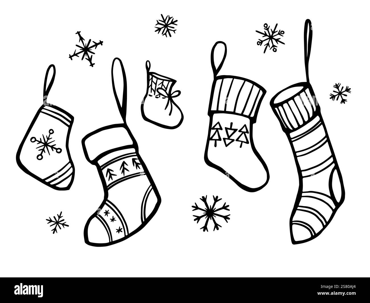 Christmas stockings with snowflakes in doodle hand draw style black and ...