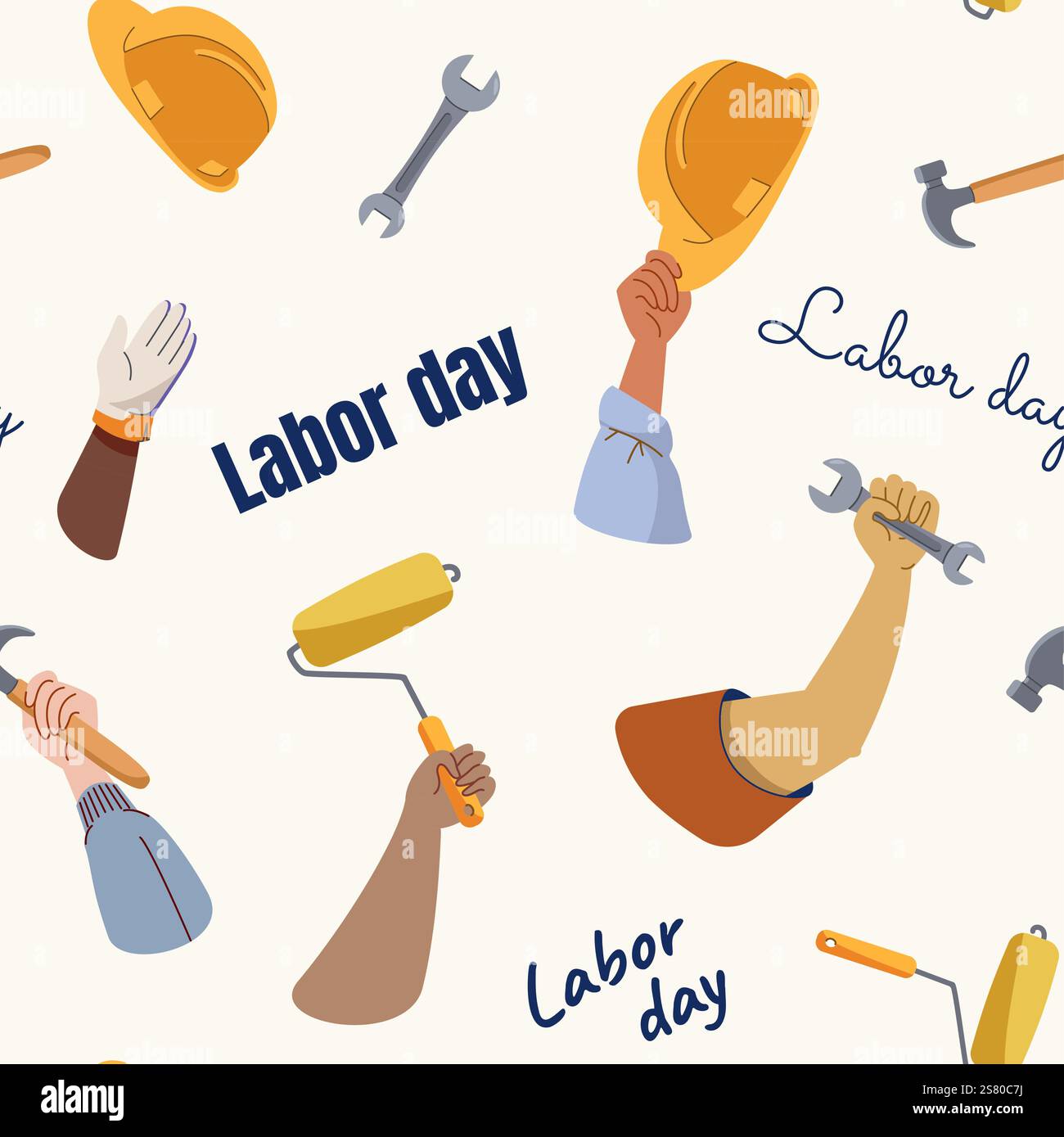 Labor day seamless pattern background print design workers hands with helmet hammer spanner and text Stock Vector