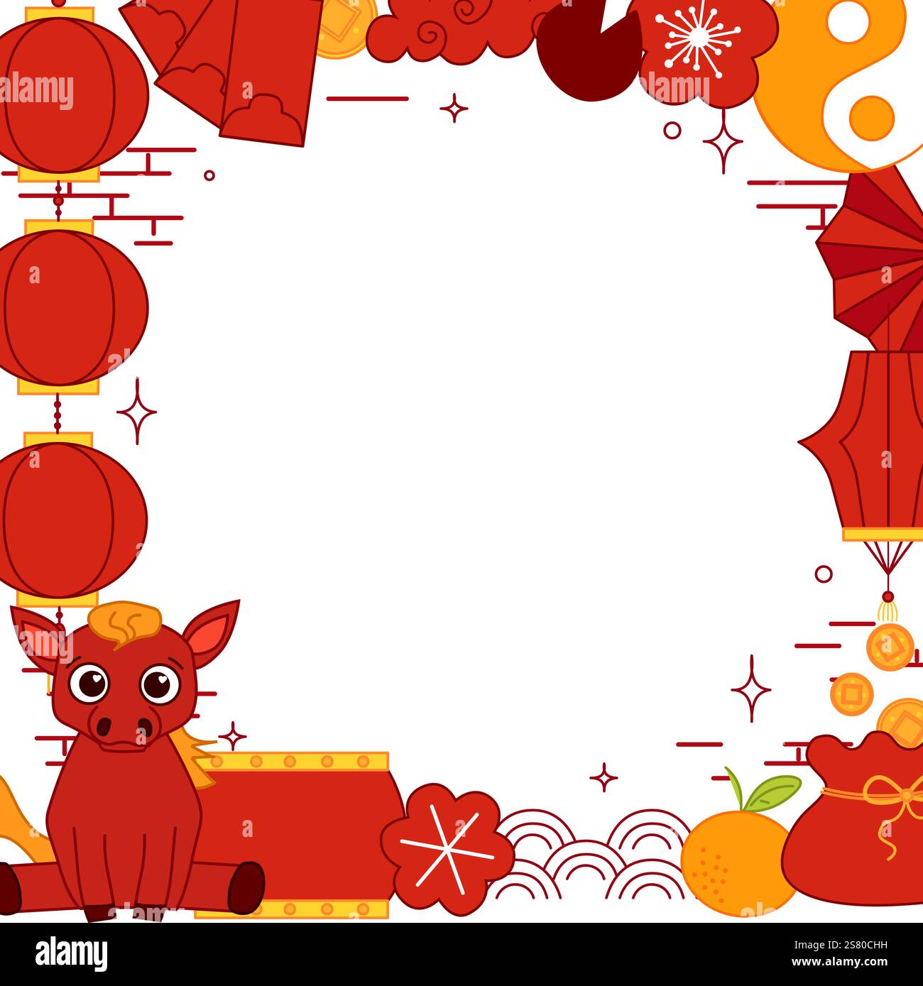 Happy Chinese new year of horse. Square vector frame with red lanterns ...