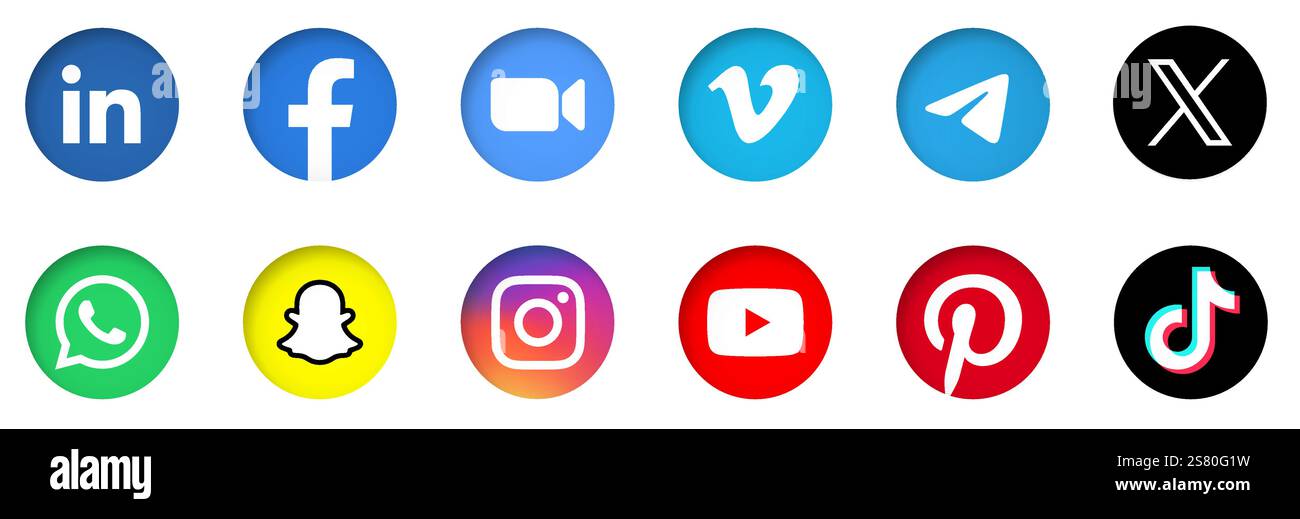 TikTok, Instagram, Youtube, Pinterest, LinkedIn, Facebook, Zoom, Vimeo, Telegram, X - former Twitter, WhatsApp and Snapchat social media app icon set. Stock Vector