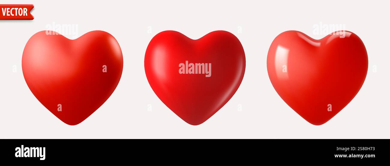 Realistic red heart. Set of three 3D hearts on white background Vector ...