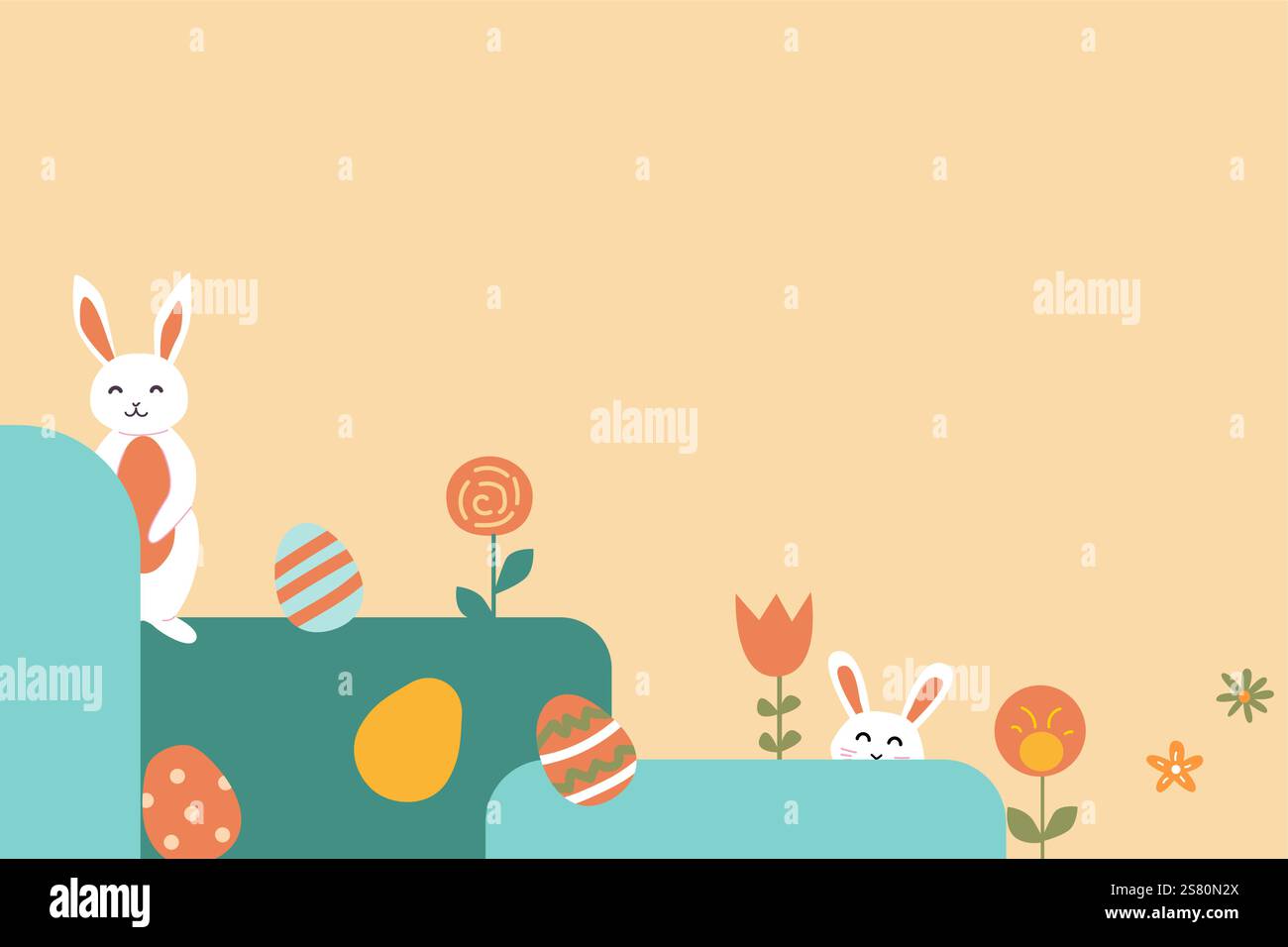 Happy easter design with geometric elements and playful rabbits. Geometry easter background. Stock Vector