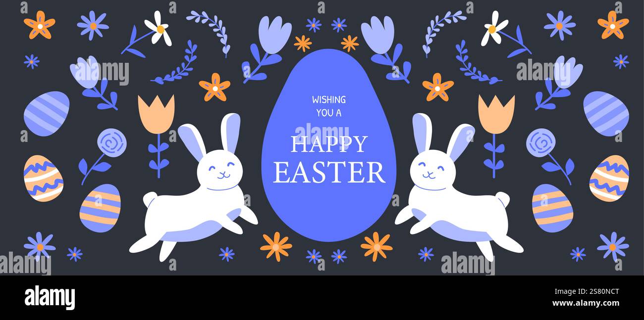 Happy easter greeting with geometric floral design featuring bunnies and eggs. Stock Vector