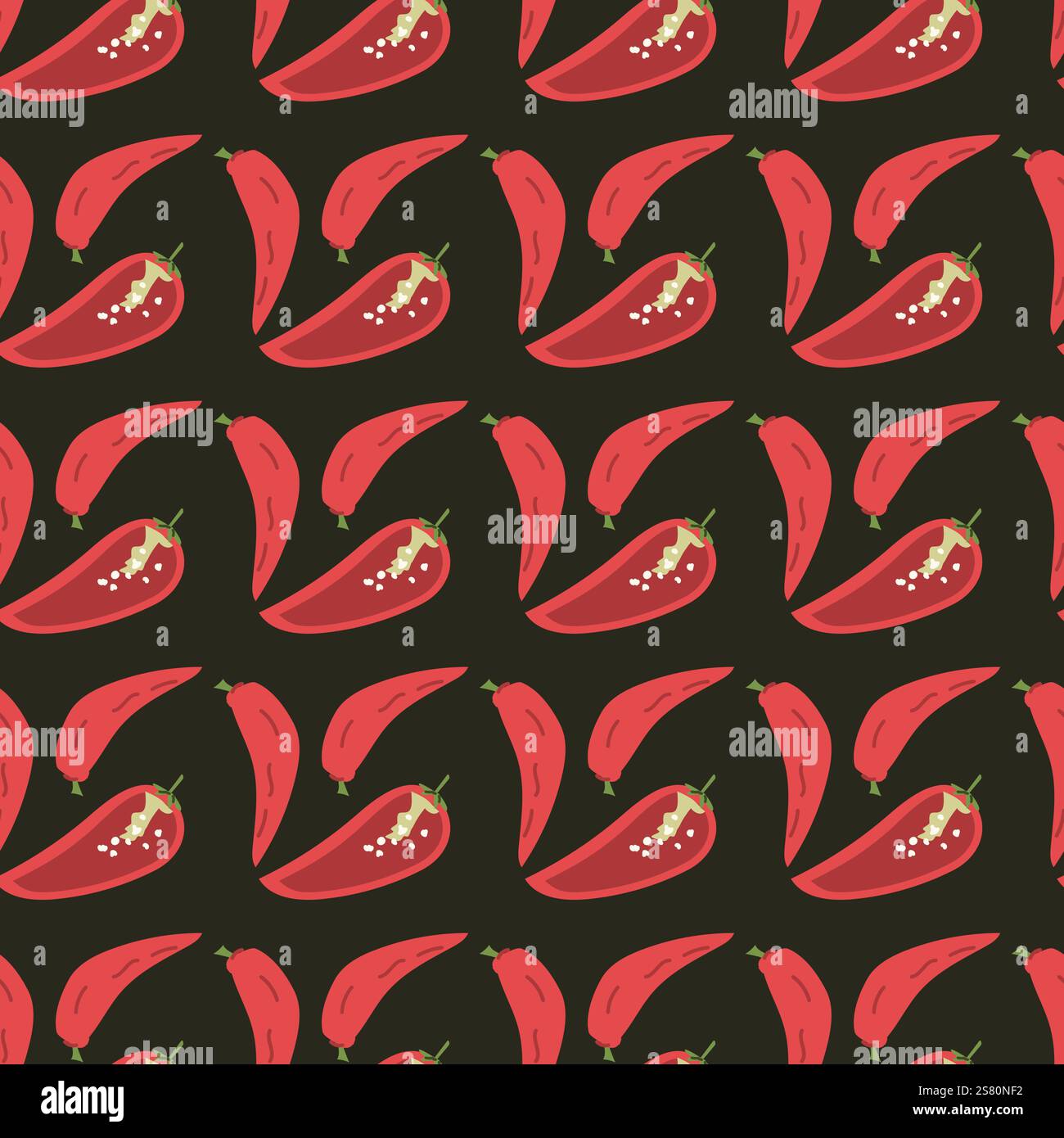 Seamless red chili pepper pattern on black background. Stock Vector