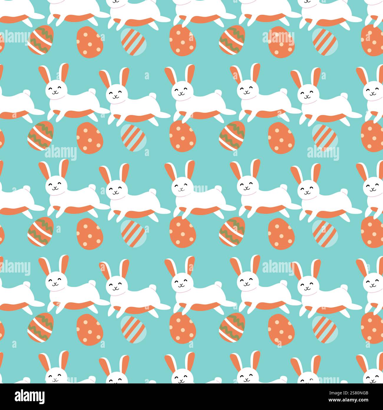 Playful easter pattern with bunnies and eggs on turquoise background. Stock Vector