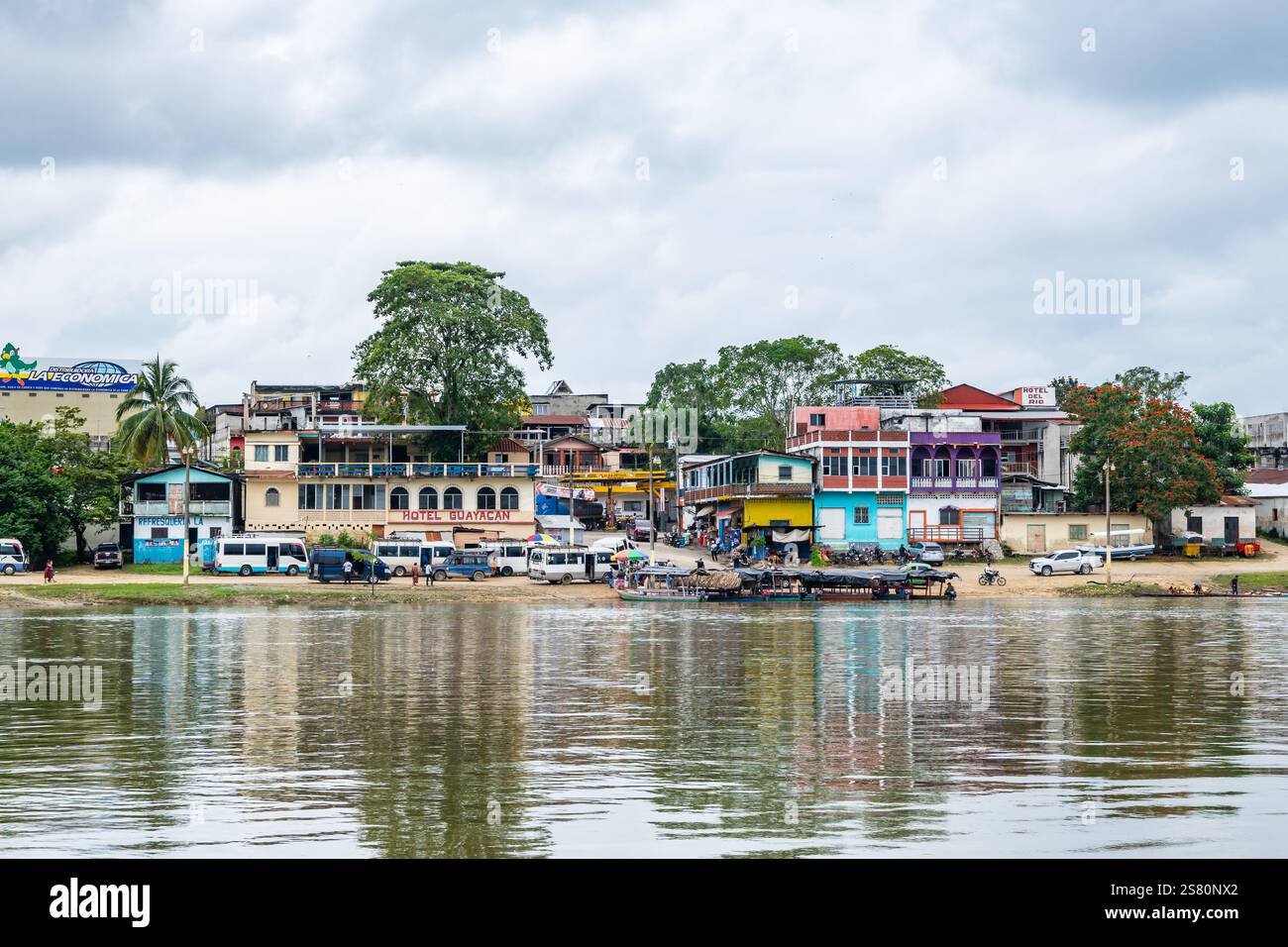 Ferry port crossing Rio De La Pasion. Guatemala, Central America. Stock Photo