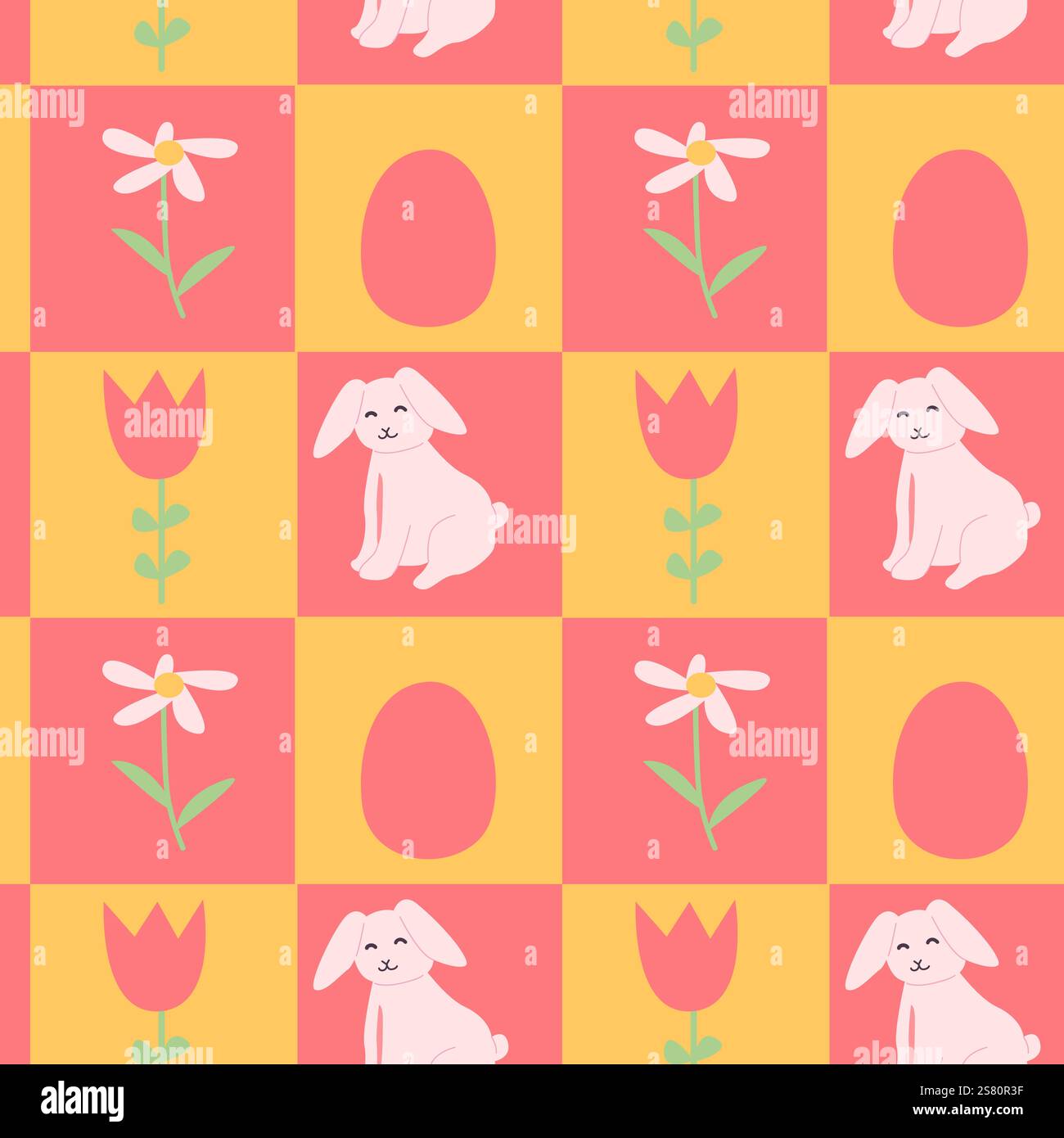 Happy easter geometric pattern with bunnies and flowers for spring designs. Stock Vector