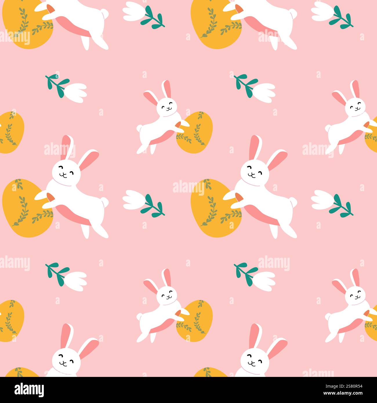 Happy easter geometry pattern with playful bunnies and floral elements. Stock Vector