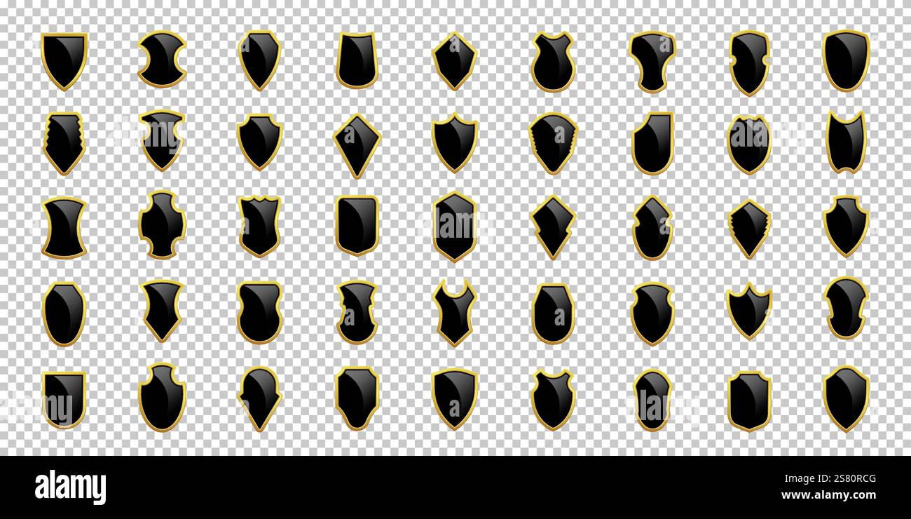 Gold outline shield icons on a transparent background, offering a range ...