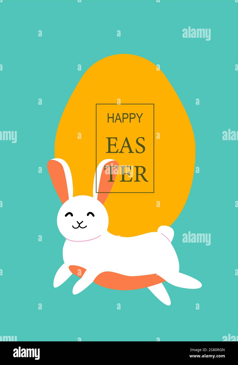 Cute easter bunny with egg and happy easter message on pastel background. Easter abstract modern geometry card. Stock Vector