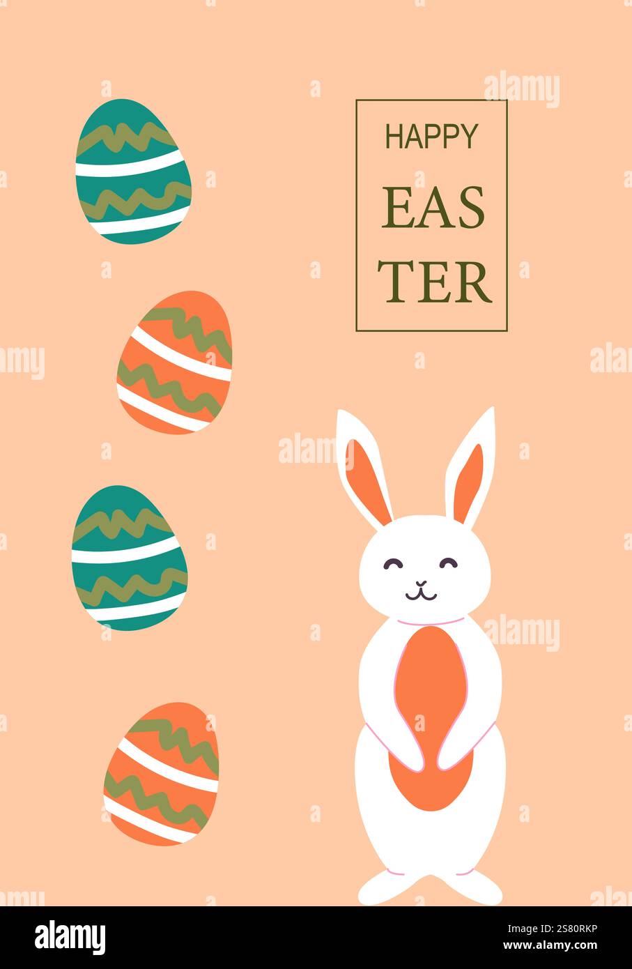 Happy easter with easter eggs and smiling bunny on peach background. Easter abstract modern geometry card. Stock Vector