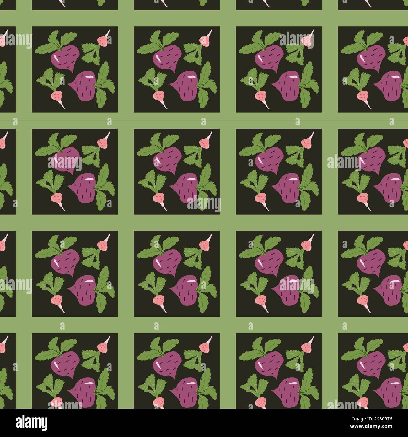 Vibrant radish and beet pattern on green background. Stock Vector
