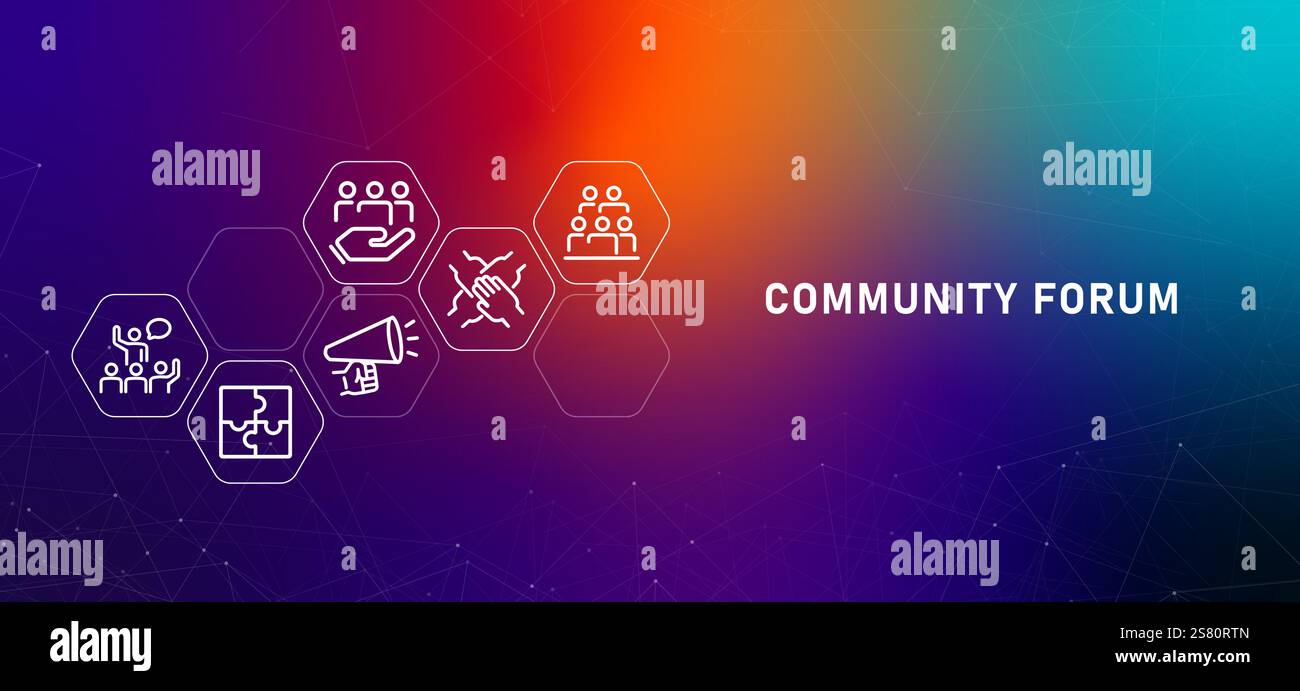 Community forum online group chat gradient header social communication interaction illustration concept of members discuss conversation Stock Vector