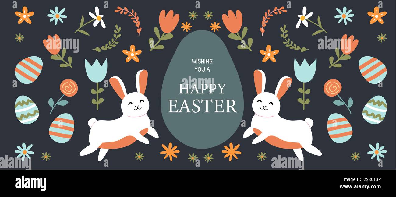 Happy easter card with bunnies, eggs, and flowers in colorful spring design. Stock Vector