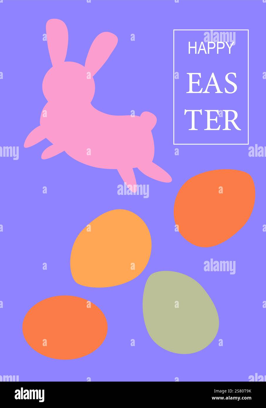 Happy easter card with pink bunny and colorful eggs on purple background. Easter abstract modern geometry card. Stock Vector
