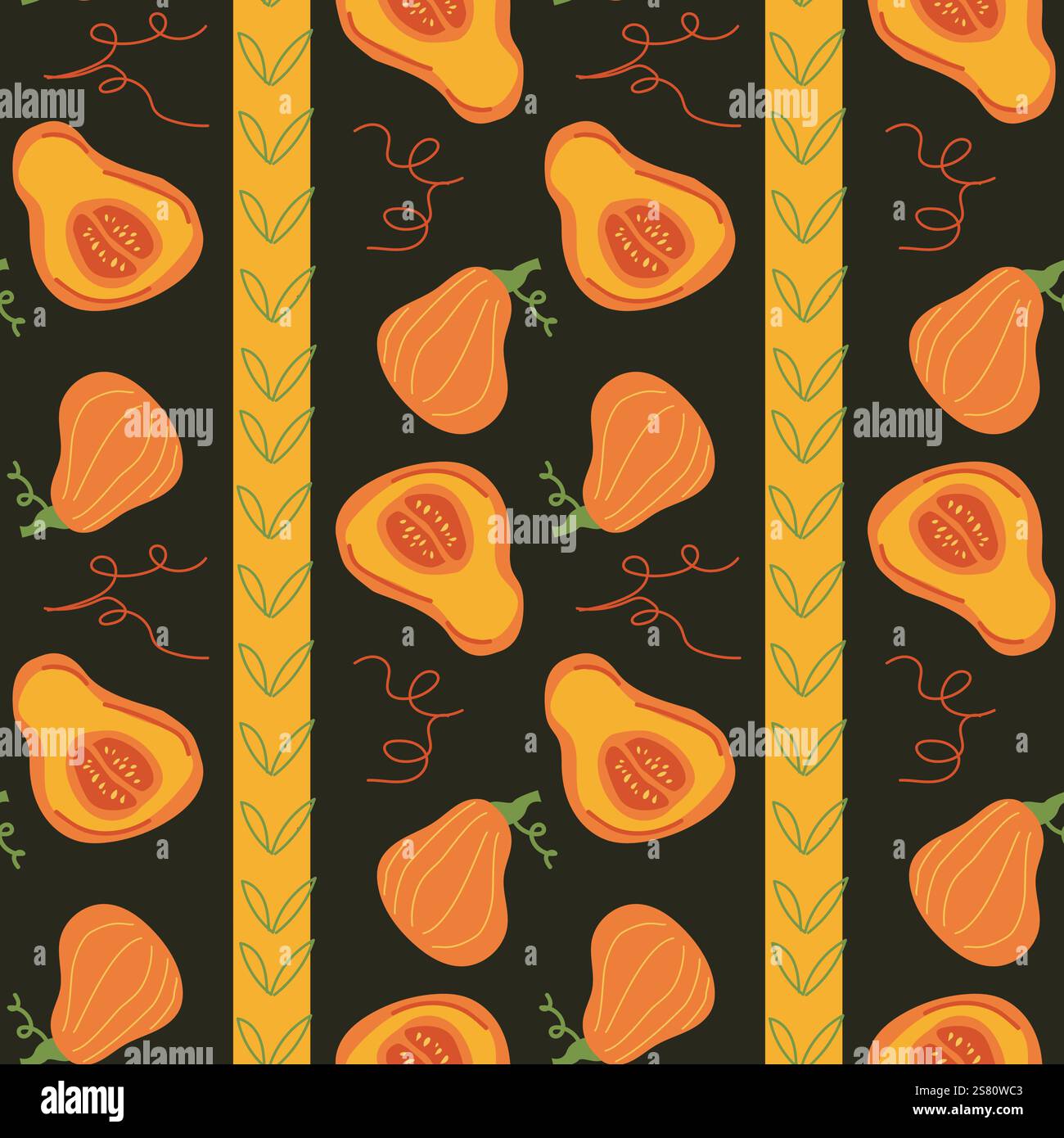 Seamless pattern of orange pumpkins on dark background with vertical stripes. Stock Vector