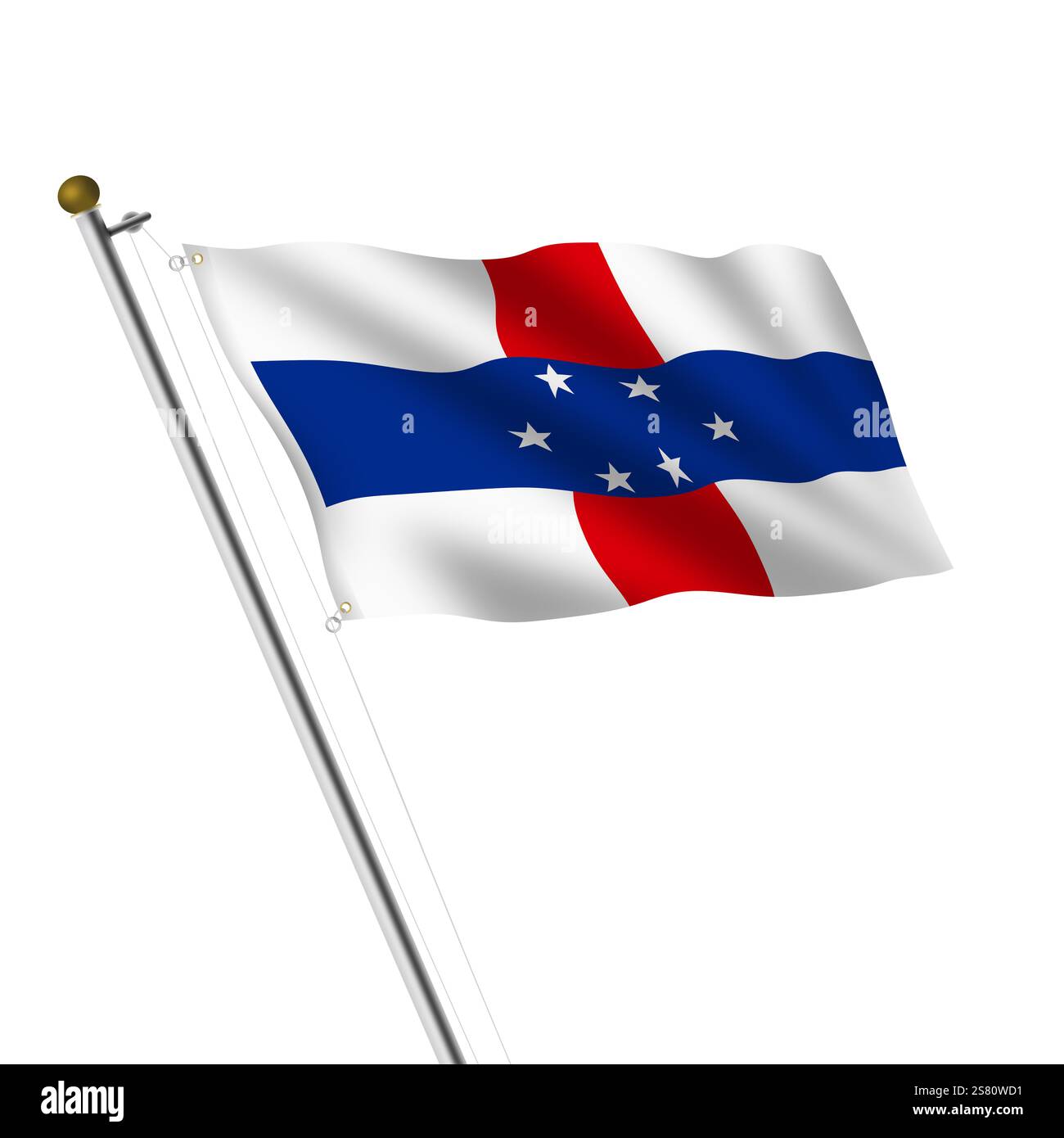 A Netherlands Antilles flagpole 3d illustration on white with clipping path Stock Photo