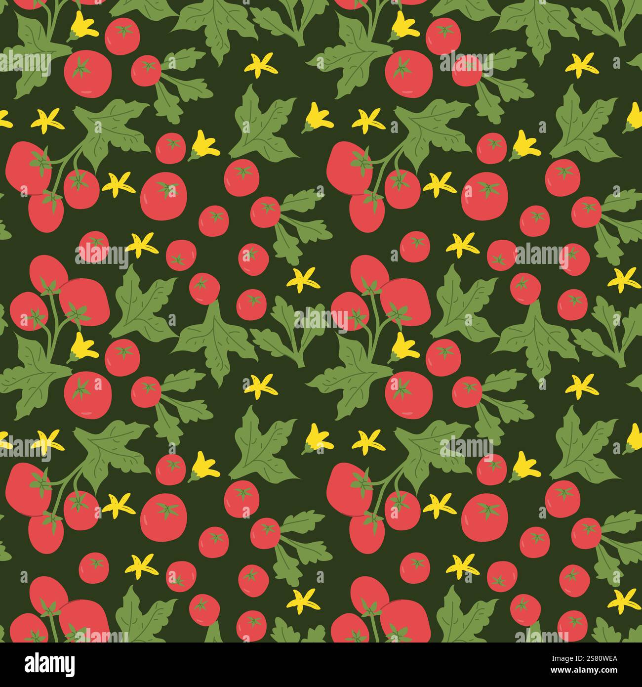 Seamless cherry tomato and arugula leaf pattern with yellow flowers. Stock Vector