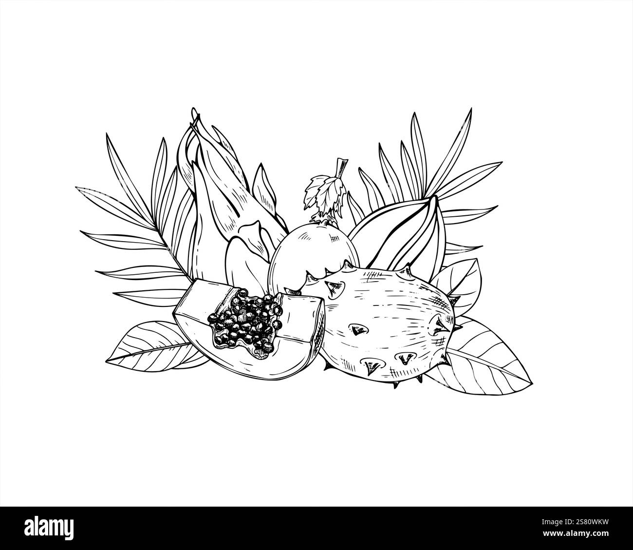 Tropical papaya, kiwano, carambola, guava, pitaya fruits among leaves hand drawn composition painted by black inks. Sweet whole and sliced plant Stock Vector