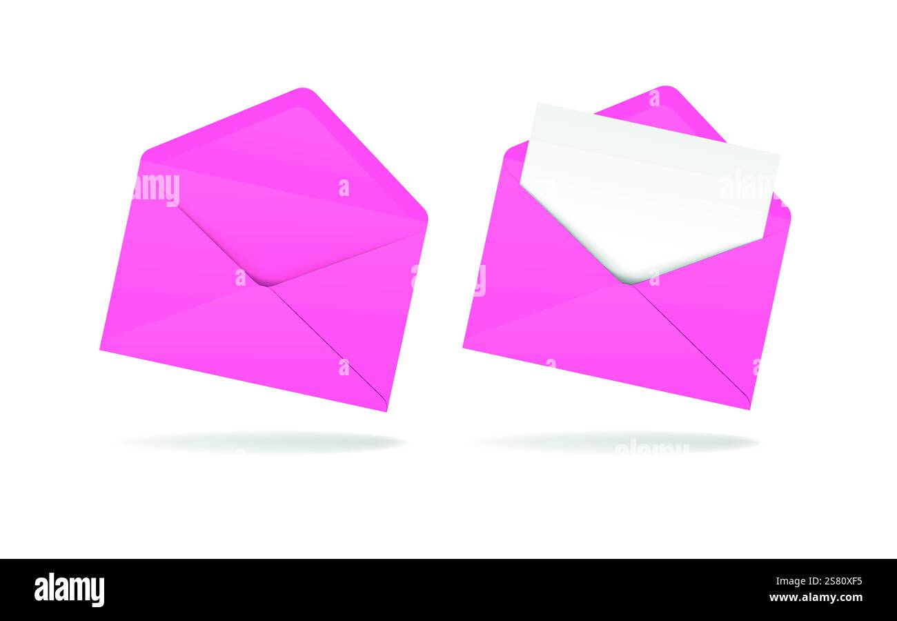 Pink realistic envelope in different positions. Folded and unfolded ...