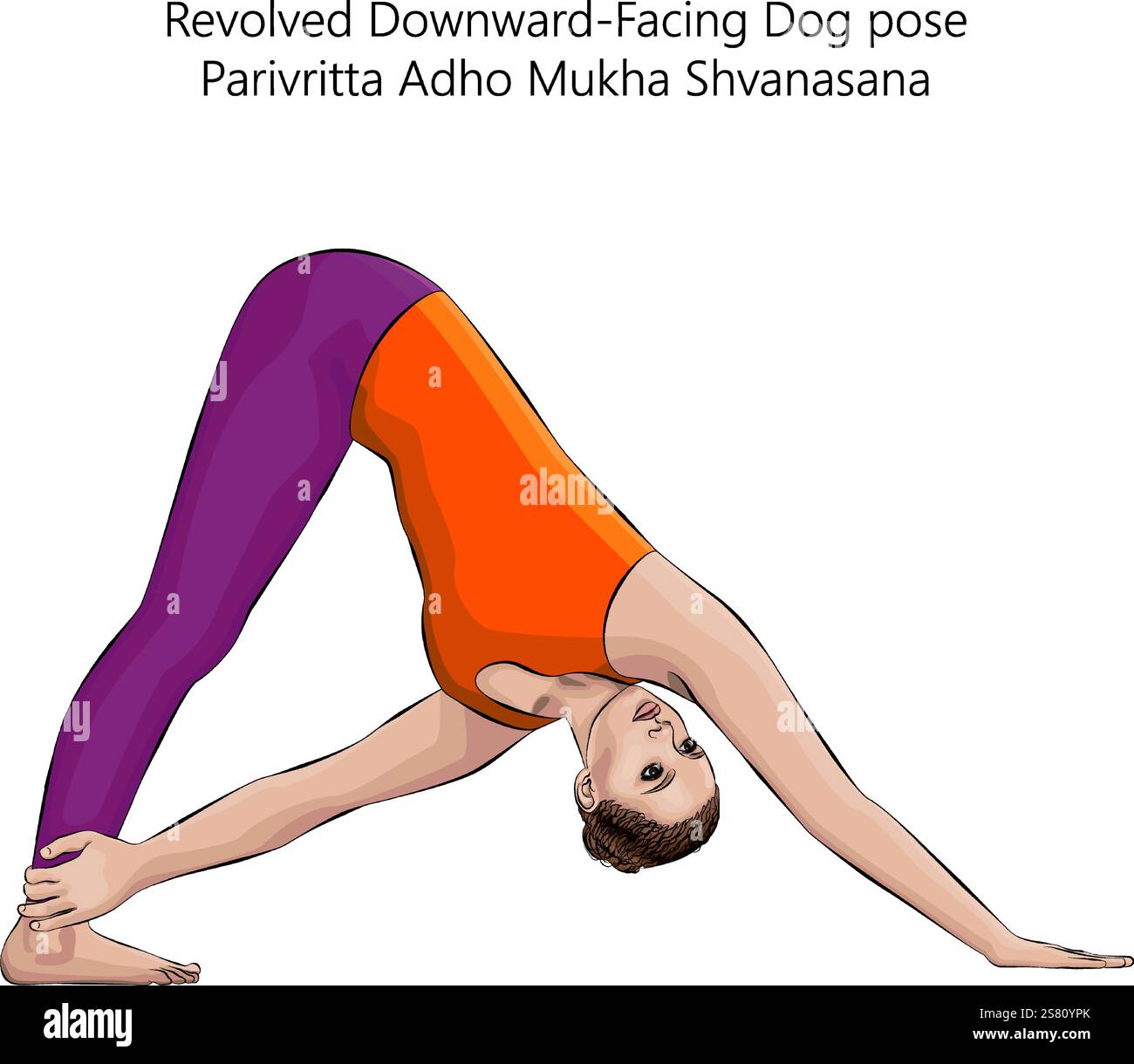 Woman practicing Parivritta Adho Mukha Shvanasana yoga pose. Revolved ...
