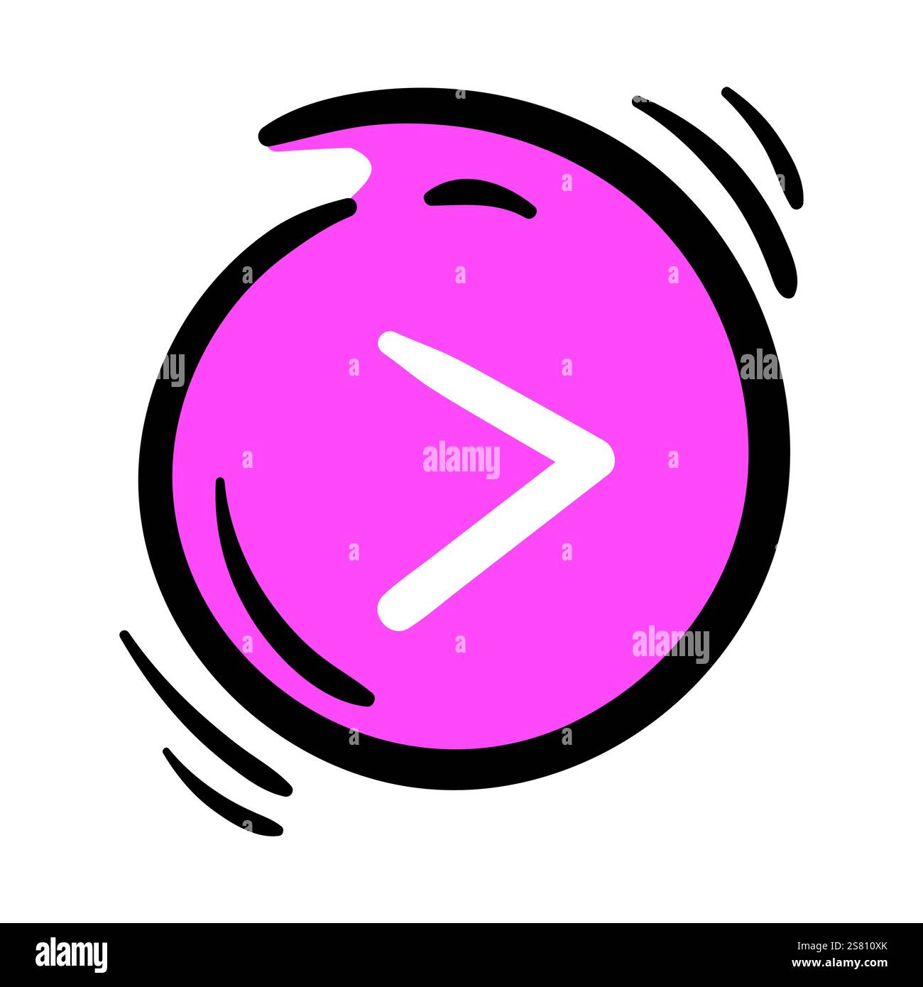 Round pink button with white arrow. Simple vector element on white background. Hand drawn direction icon, play Stock Vector