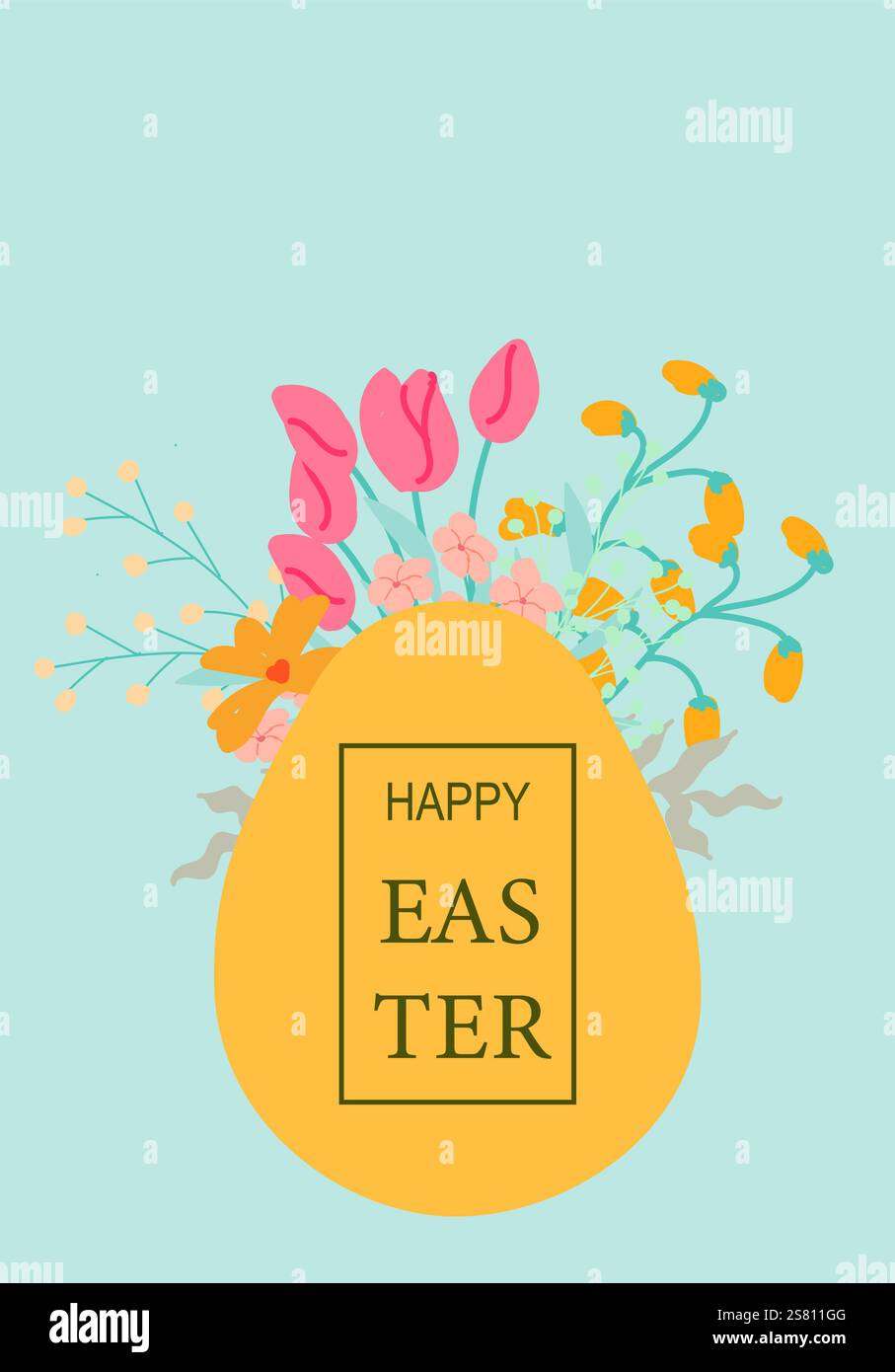 Colorful easter egg with spring flowers on light blue background. Easter abstract modern geometry card. Stock Vector
