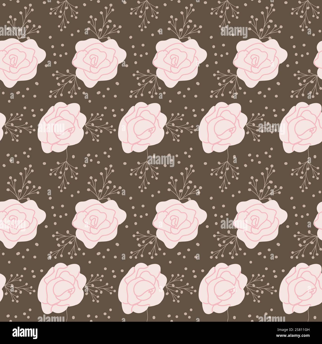 Seamless pink rose pattern on brown background. Stock Vector