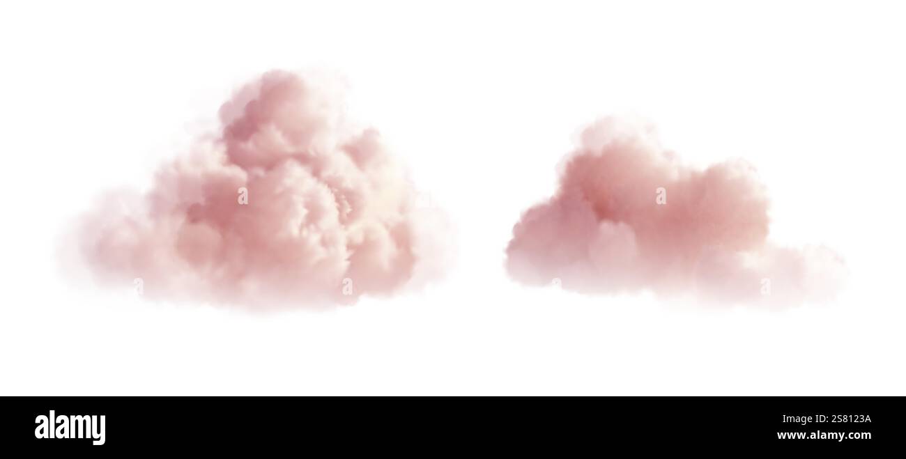 Soft and Fluffy Pink Clouds Isolated on a White Background. A pair of light pink clouds floating serenely against a pure white background, tranquil Stock Vector